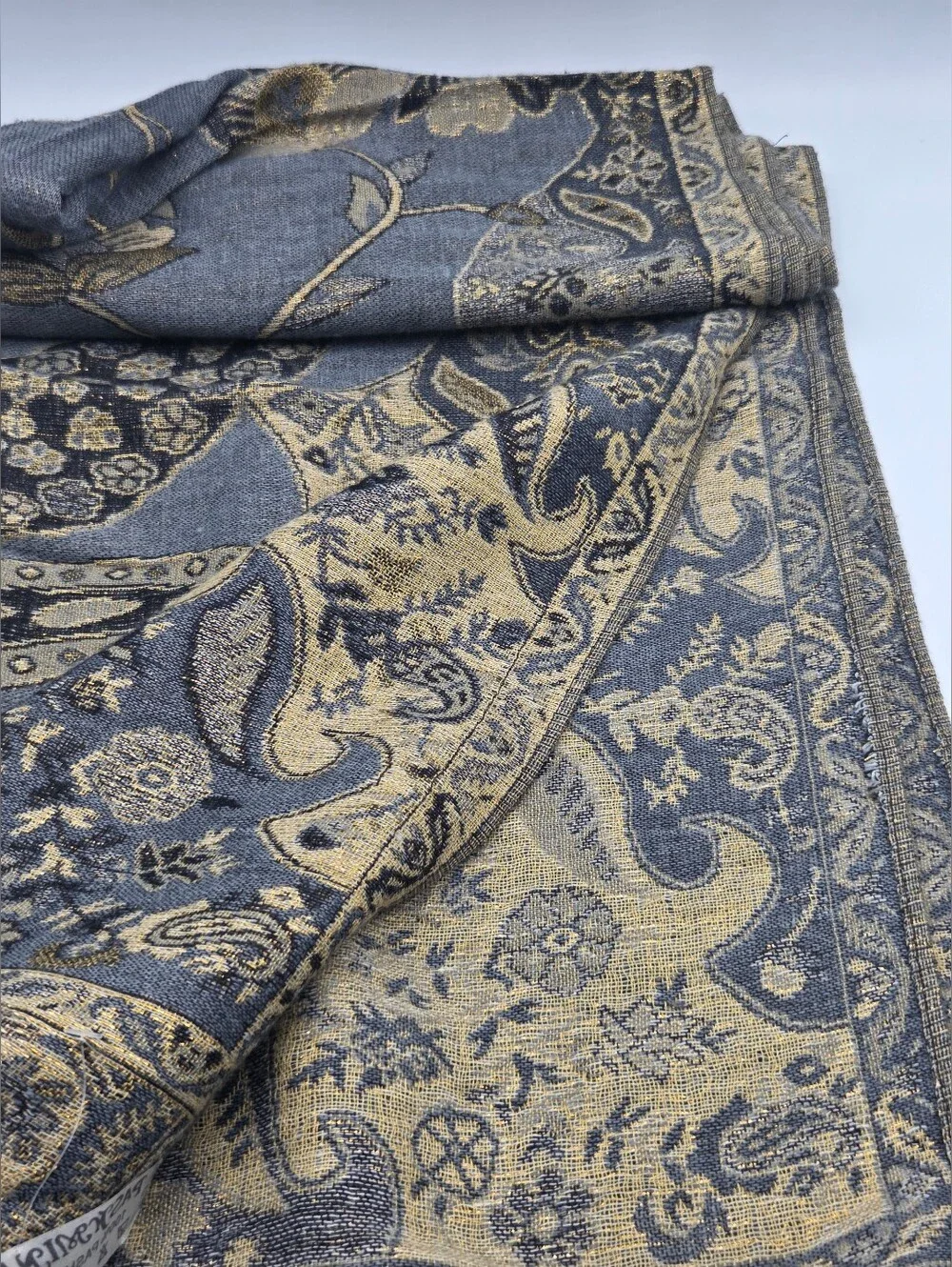NEW Pashmina slate blue and gold jacquard paisley shawl